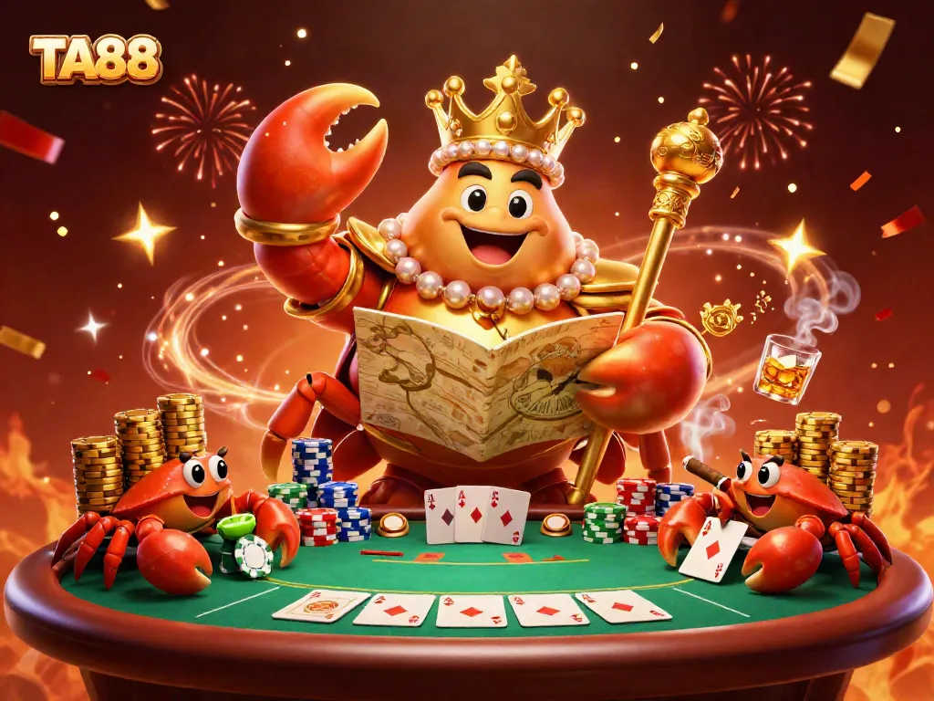 Join the excitement of TA88 poker with a lively crab emperor amidst colorful chips and cards.