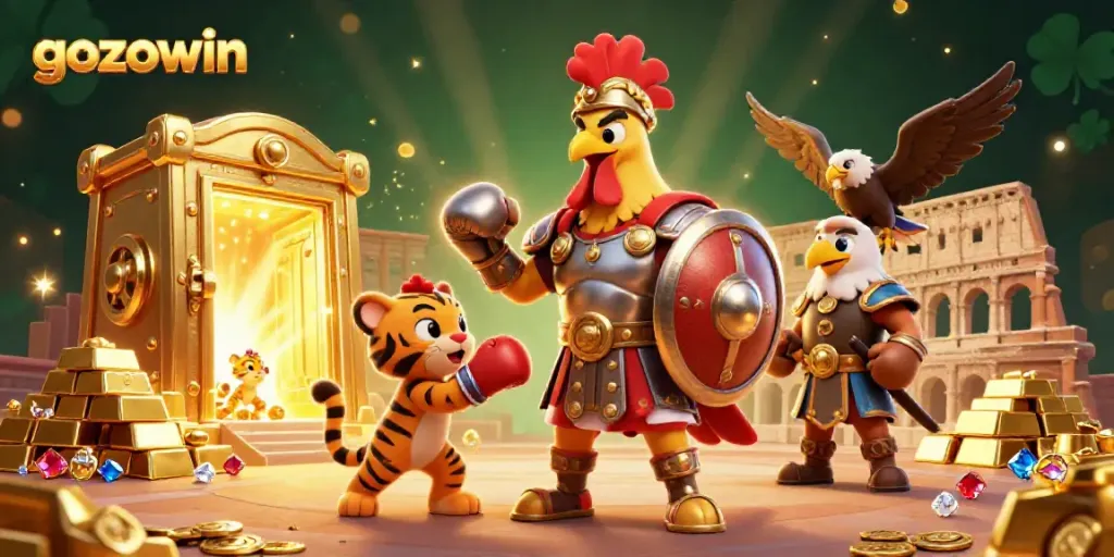 Engage in thrilling games at gozowin with a vibrant casino scene showcasing exciting characters and elements.