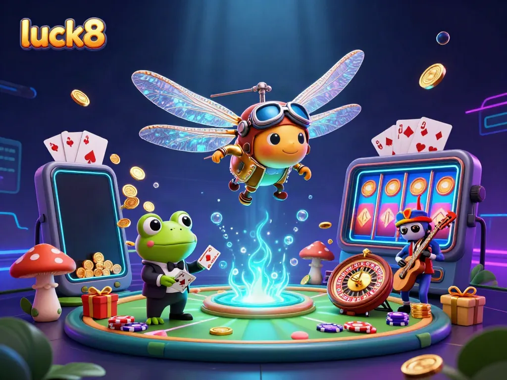 Experience luck8's vibrant casino adventure with a dragonfly pilot, frog dealer, and jazz musicians.