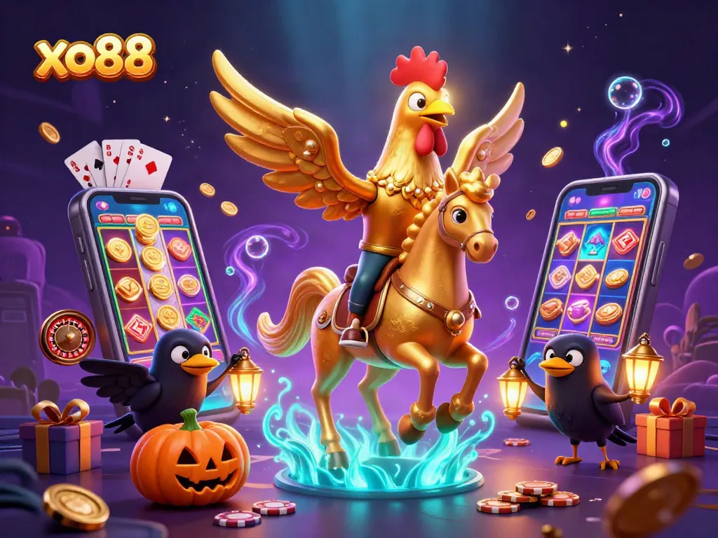 Experience thrilling gameplay at xo88 with a golden rooster riding through a vivid casino.