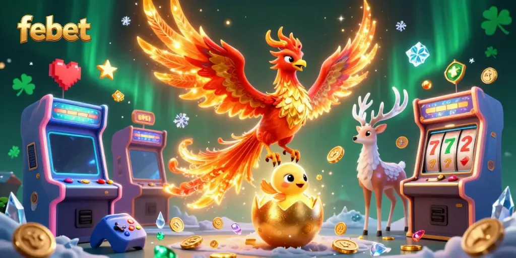 Experience thrilling gaming adventures with febet's vibrant casino illustration featuring iconic characters and game elements.
