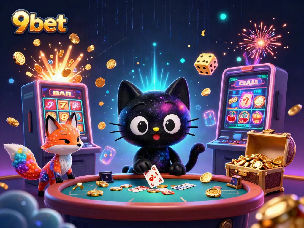 9bet's dynamic casino scene with a black hole cat and colorful fox amidst jackpot winnings