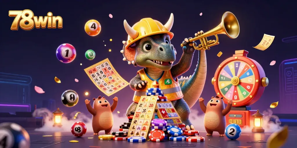 Experience the excitement of 78win with vibrant 3D characters showcasing thrilling lottery and gaming elements.