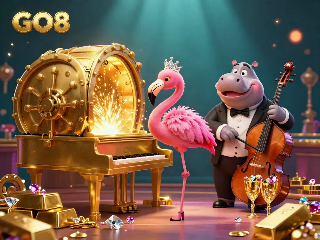 Join the GO8 excitement with a flamingo singer and hippo bassist in a sparkling casino party.