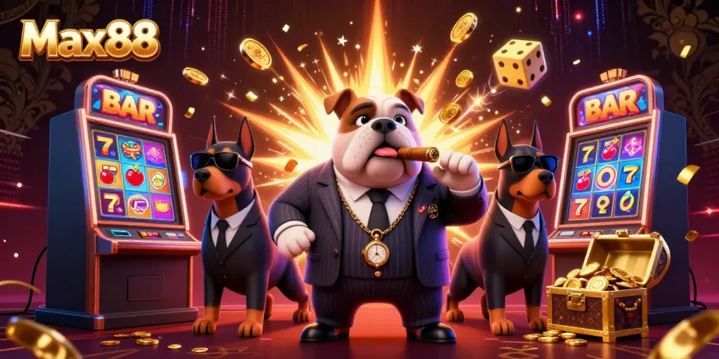 Engaging Max88 casino scene showing a bulldog mafia boss with bodyguards amidst jackpot slots and games.
