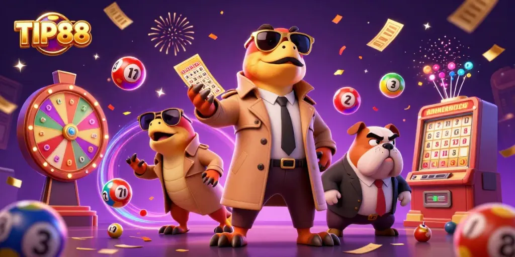 Experience the excitement of TIP88 with raptors in a trench coat entering a VIP casino.