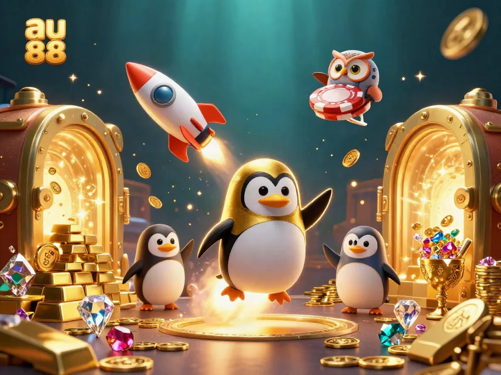 Engage with the exciting world of au 88 featuring a golden penguin blasting through a casino-themed galaxy.
