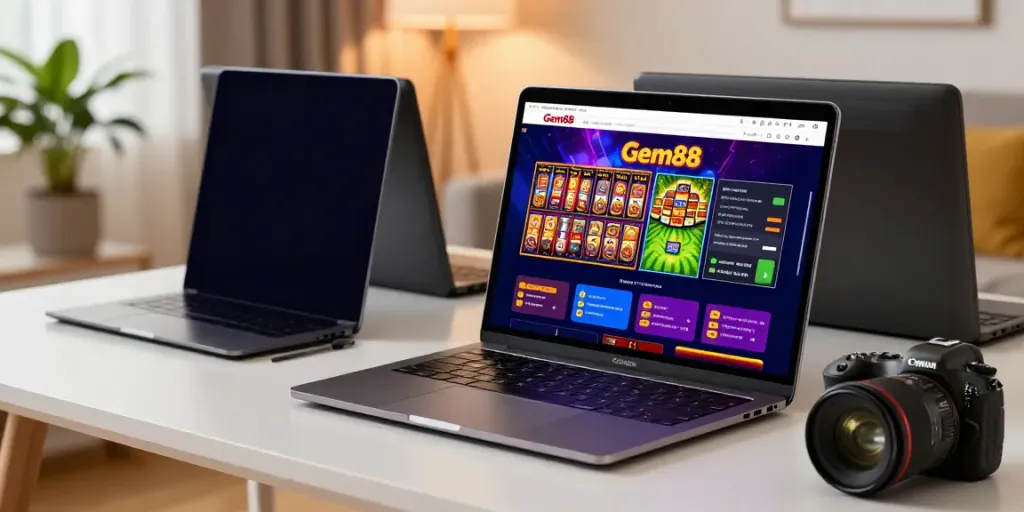 Exciting user experience on Gem88 online gambling platform with vibrant graphics and a modern laptop.