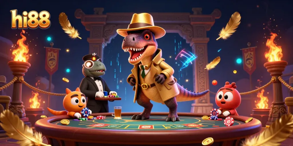 hi88 velociraptor counting cards at a blackjack table, evoking excitement and casino thrill