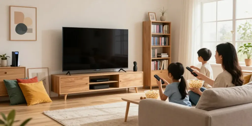 Family enjoying IPTV subscription in a cozy living room with TV and popcorn.
