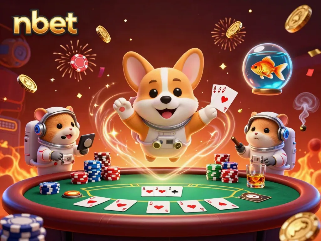Experience nbet's thrilling space casino adventure with a corgi and friends in zero gravity.