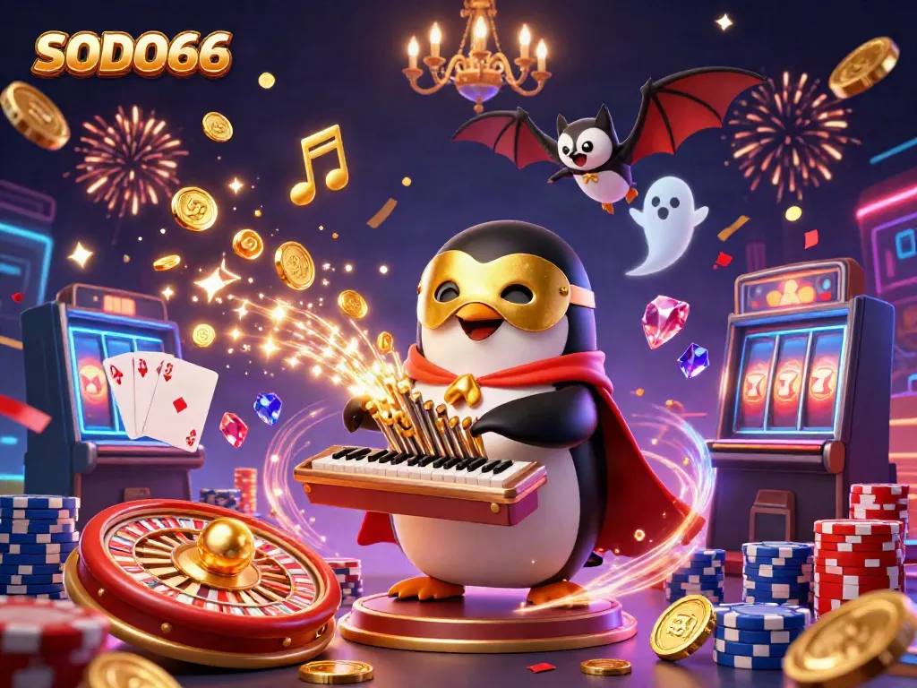 Experience SODO66 with a vibrant 3D scene of a penguin playing an organ shooting coins amidst casino excitement.