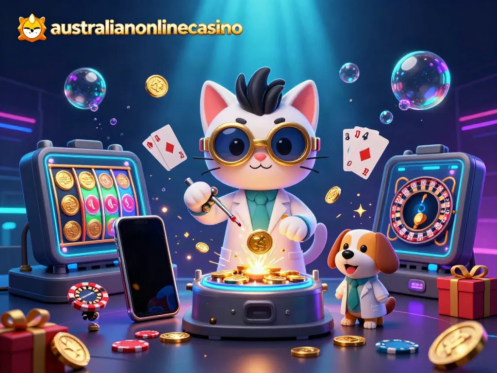 Experience the charm of australianonlinecasino with a playful mad scientist cat and dog, winning big at slots!