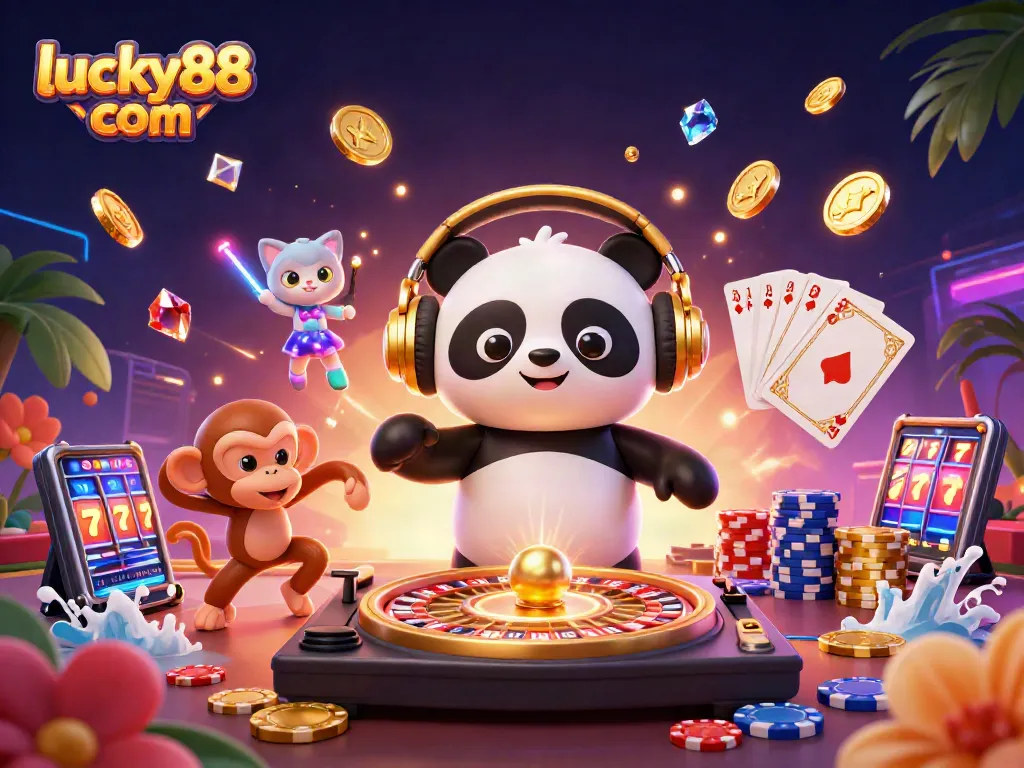Experience the fun at lucky88 com with a vibrant casino scene featuring a DJ panda, breakdancing monkey, and festive kitten.