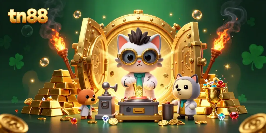 Win big with tn88 in this vibrant casino scene filled with gold coins and treasures.