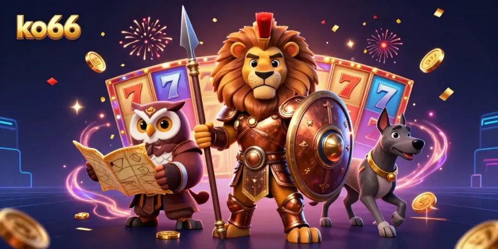 Engage with thrilling ko66 gaming as a Spartan lion leads the way amidst colorful slot reels and festive confetti.