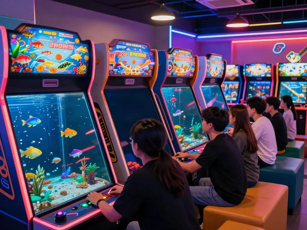 Players intensely focused on the vibrant fish shooting game in an arcade, embodying lại là Bắn cá đổi thưởng atmosphere