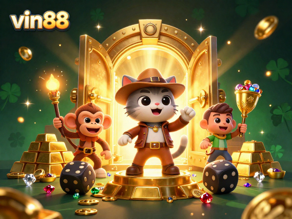 vin88 features a dynamic 3D scene showcasing an explorer cat and monkey in a casino treasure discovery.