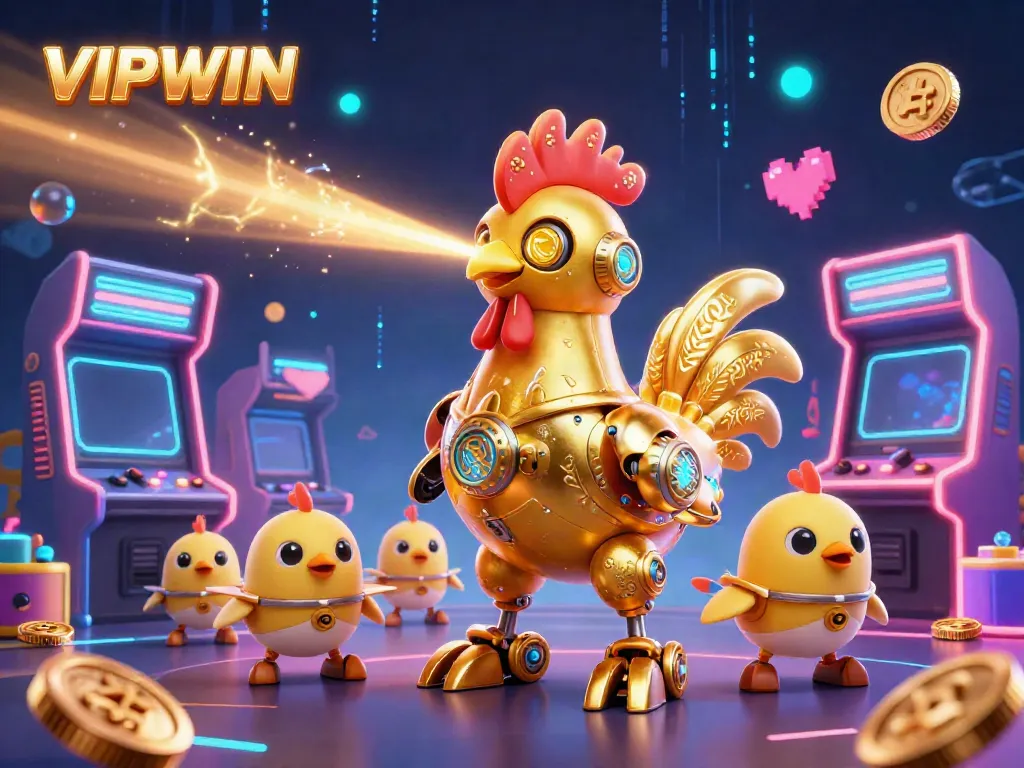 Experience the excitement of VIPWIN with a dynamic 3D illustration featuring a futuristic golden rooster robot and baby chick drones surrounded by colorful gaming elements.
