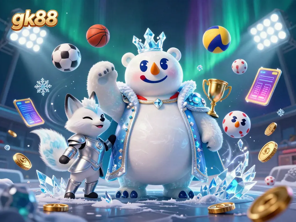 Experience thrilling gameplay with gk88's royal duo surrounded by vibrant sports elements.