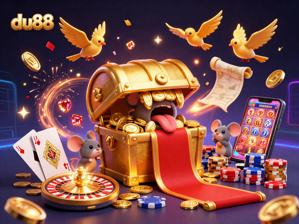 Experience thrilling wins at du88 with a vibrant 3D casino scene full of treasures.