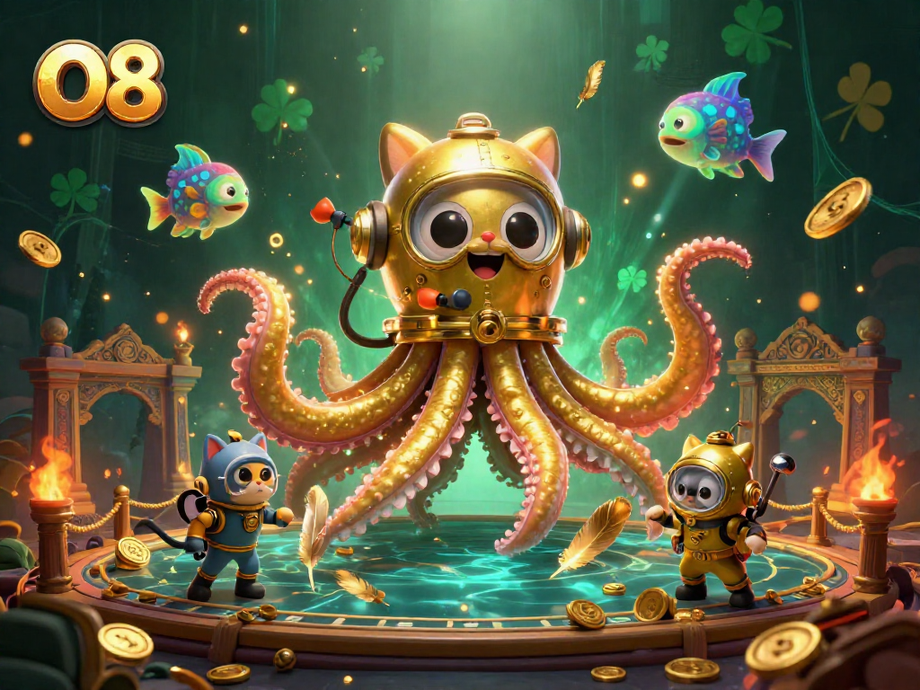 Experience thrilling O8 gaming action with a kraken, diving cat, and vibrant casino elements