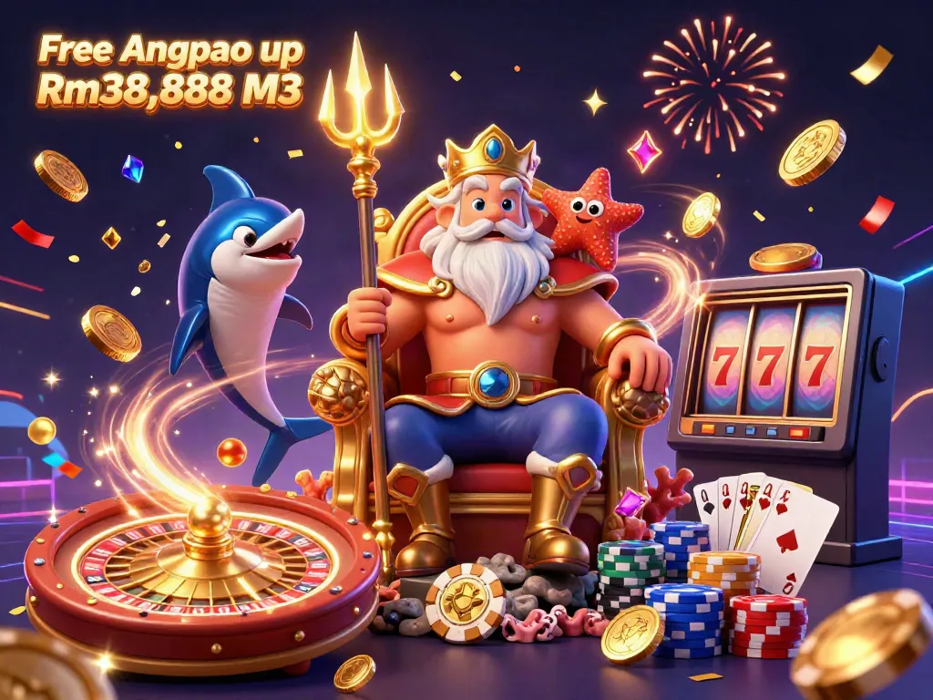Engage with the Free Angpao up Rm38,888 M3 festive casino experience featuring Neptune amid vibrant gaming elements.