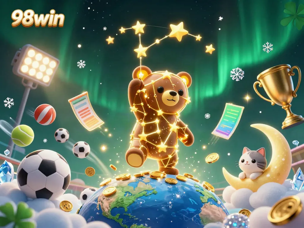 Engage with thrilling sports bets and rewards at 98win, featuring a dazzling constellation bear and dynamic elements.