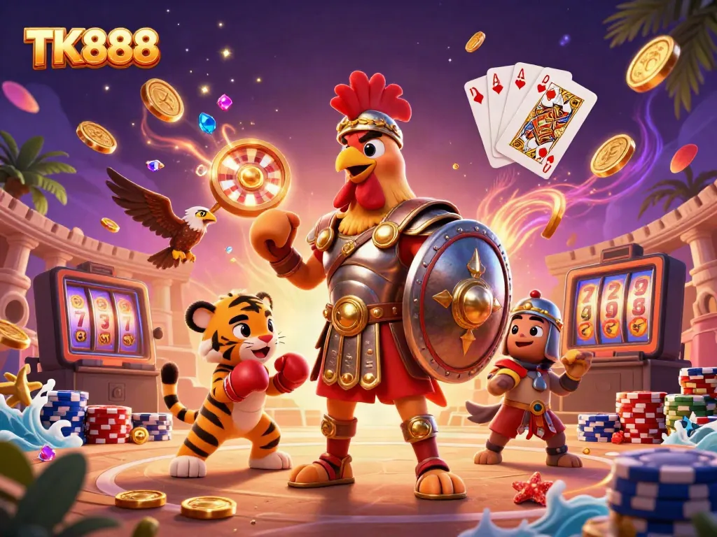 Experience thrilling gaming adventures with TK888 featuring a rooster gladiator and winnings.