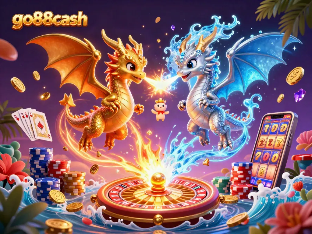 Experience thrilling gaming action at go88cash with dynamic dragons, casino elements, and rich visual details.