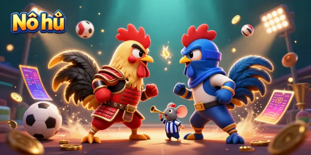 Engage with Nổ hũ excitement through this dynamic scene of fierce 3D roosters and flying game elements.