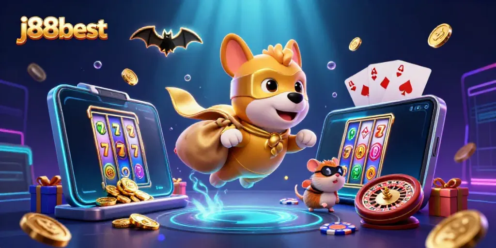 Experience excitement with j88best as a superhero dog and hamster explore vibrant casino gaming.