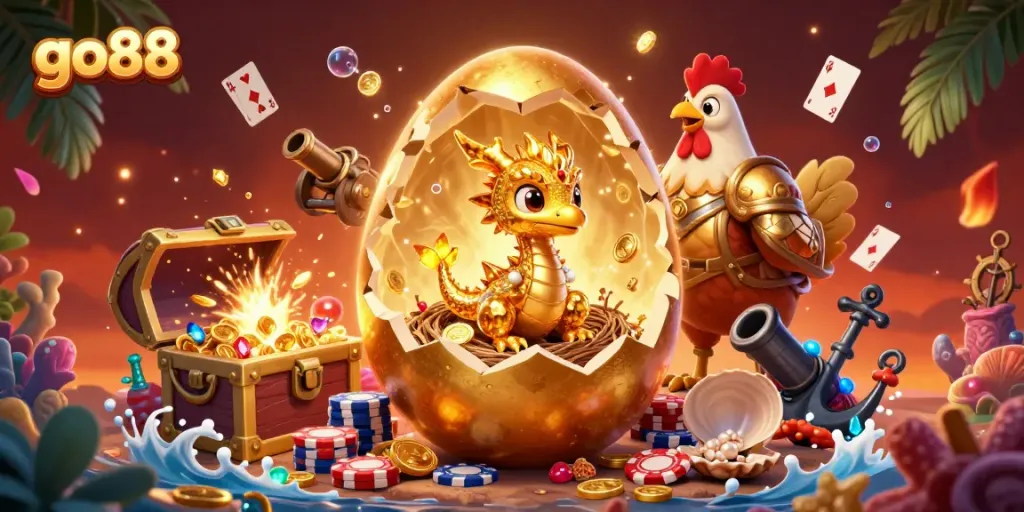 Play exciting games at go88 with a mesmerizing golden dragon emerging from a poker chip nest.