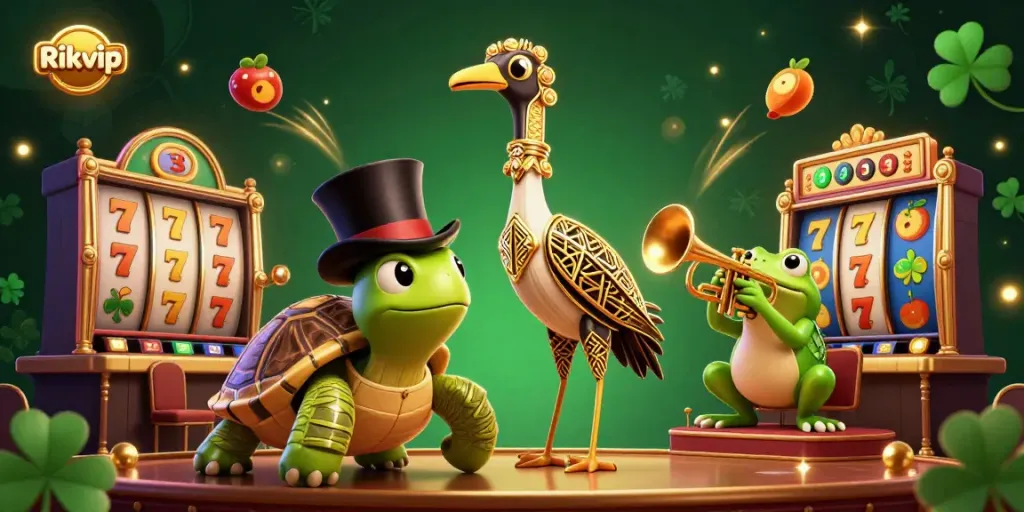 Experience the excitement of Rikvip with a vibrant 3D casino scene featuring dynamic slots, characters, and lively game elements.