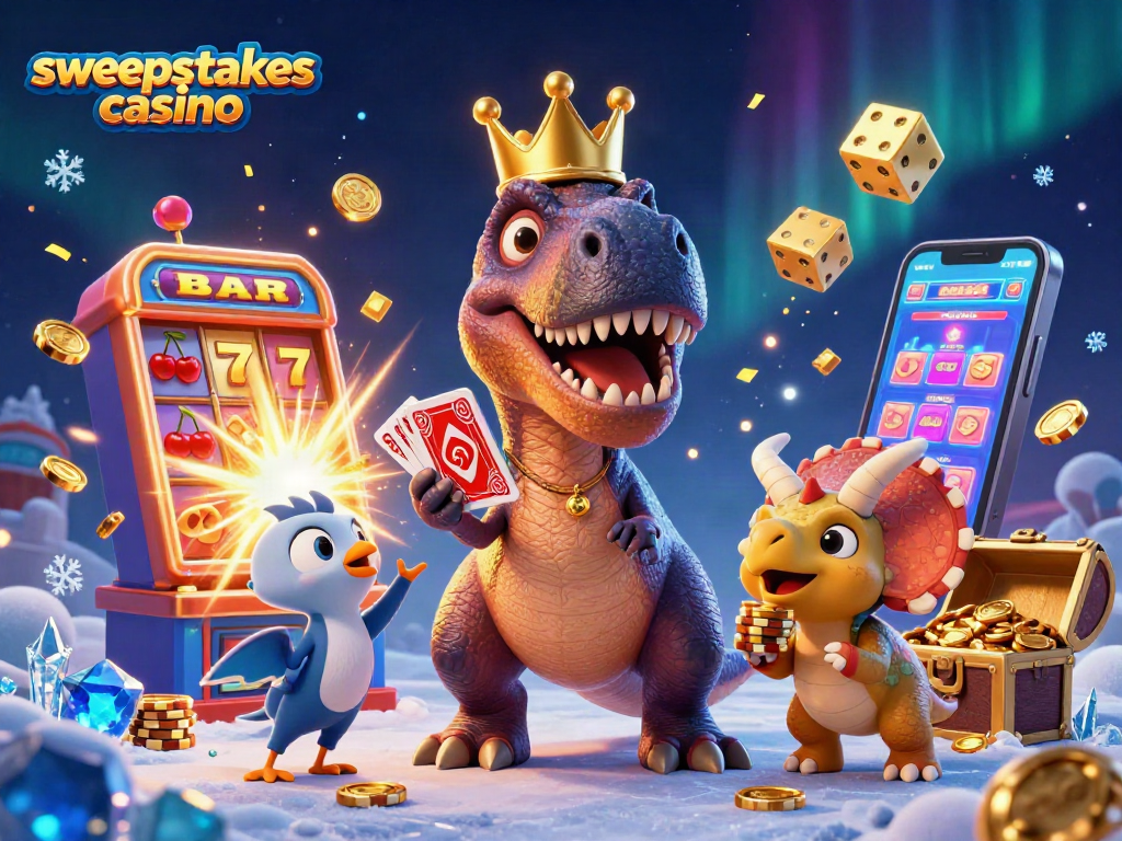 Engage with the sweepstakes casino excitement featuring a T-Rex and friends amidst a jackpot backdrop.