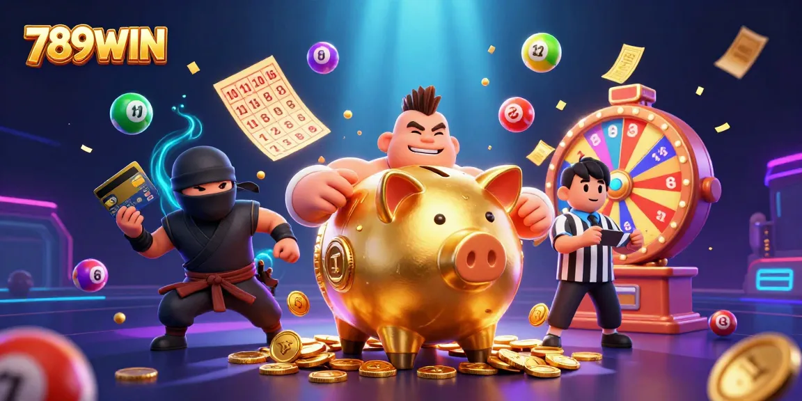 Engage with 789WIN's colorful lottery scene featuring an energetic sumo wrestler, ninja, and referee.