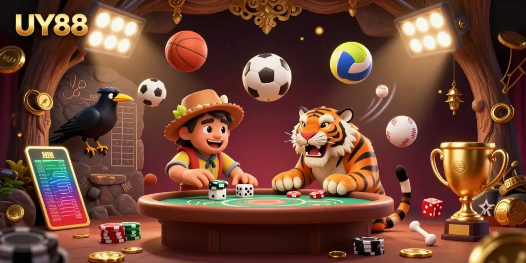 Experience the thrill of UY88 with a lively prehistoric casino scene featuring a caveman, saber-tooth tiger, and dynamic sports elements.