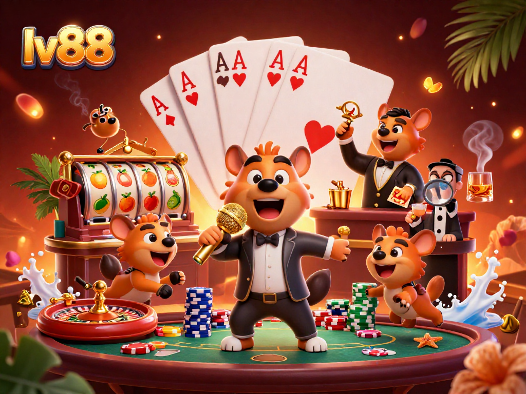 Experience the fun at lv88 casino with a lively hyena comedy club scene, showcasing humor and gaming.
