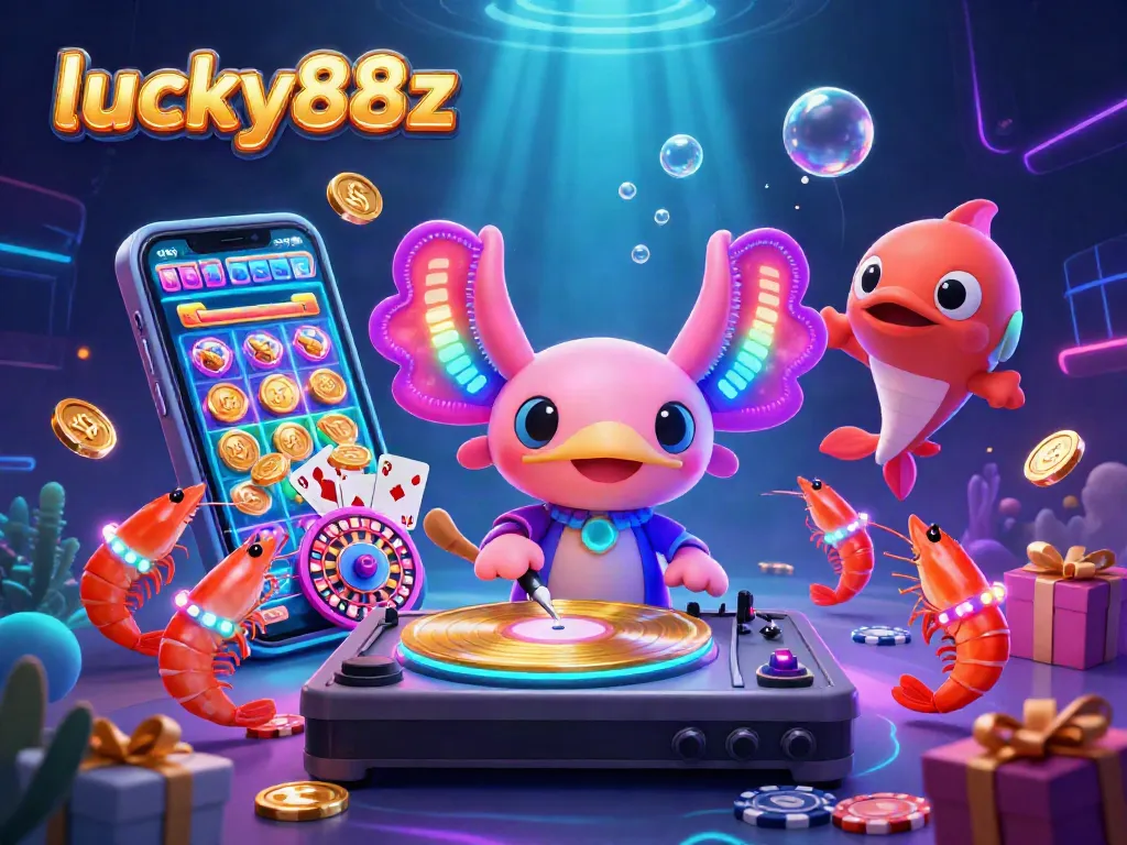 Experience the excitement of lucky88z with a neon axolotl DJ spinning golden records among vibrant casino elements and sea creatures.