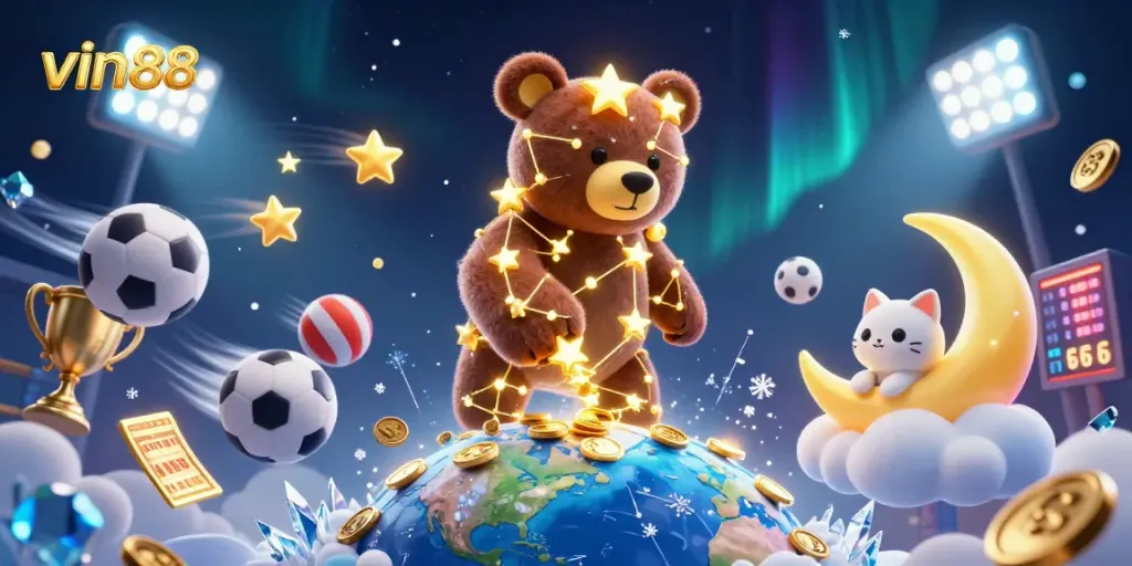 vin88 players engage with thrilling sports betting, surrounded by vibrant casino-themed elements in a magical illustration.