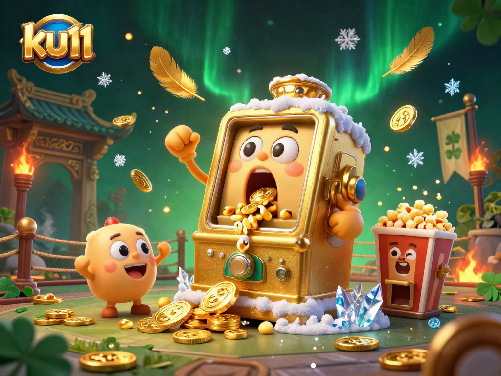ku11 slot machine celebrates a jackpot as coins pour out, surrounded by cheering baby machines and dynamic casino elements.