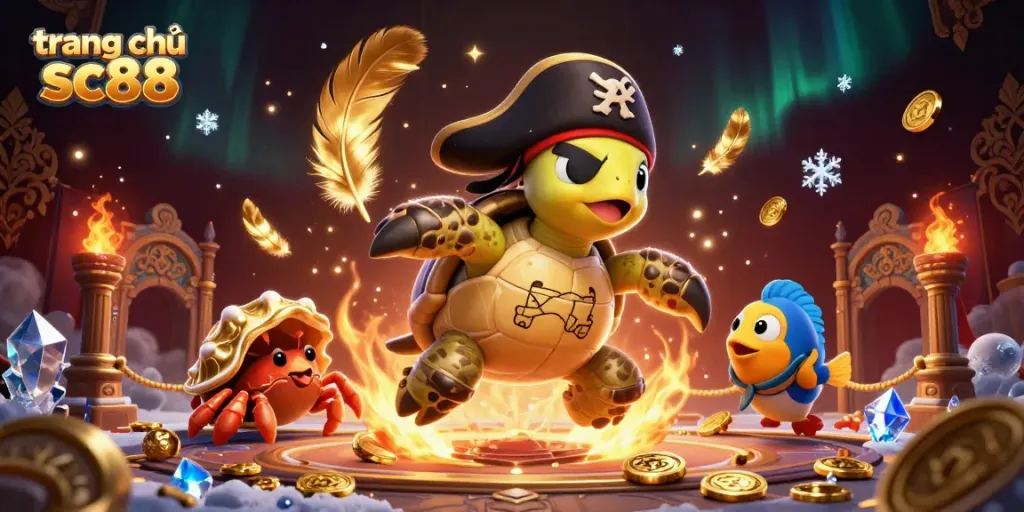 Experience the excitement of trang chủ sc88 in this dynamic 3D scene with a pirate turtle and treasure.