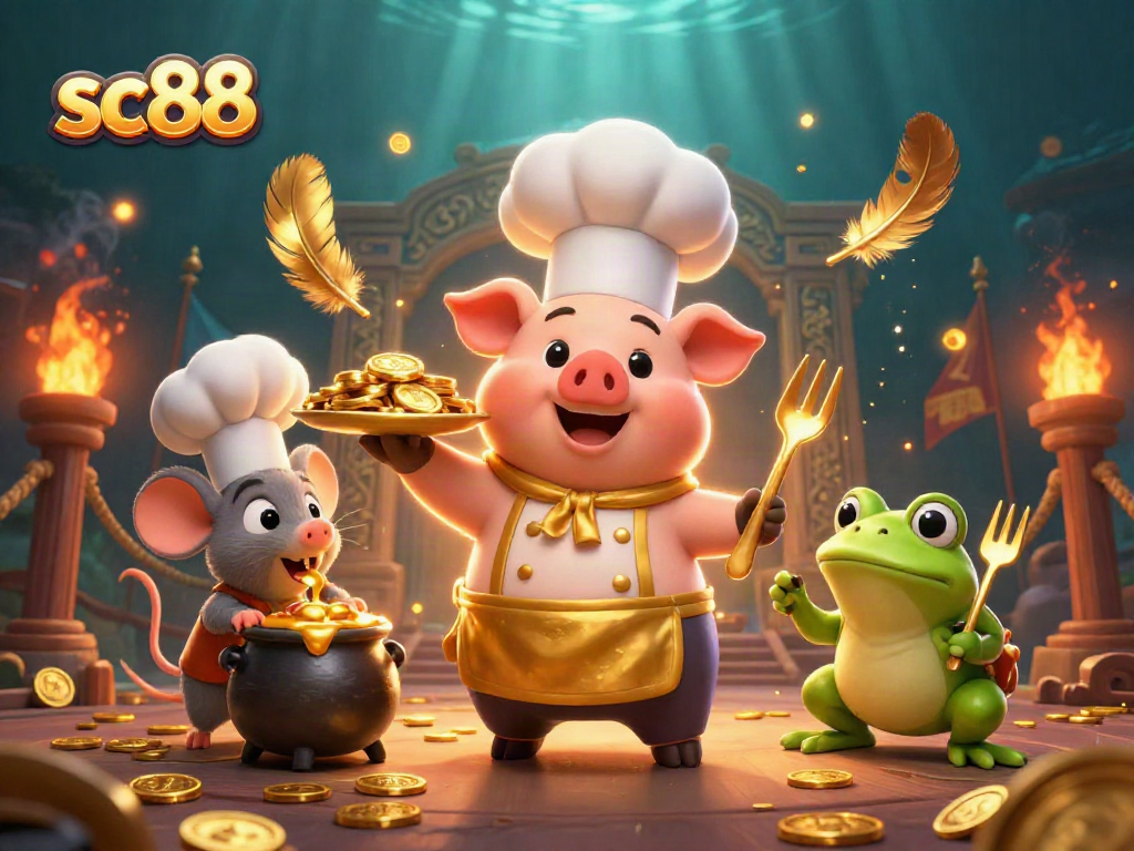 Engage with sc88's vibrant casino scene featuring a gourmet gold feast by a chef pig.