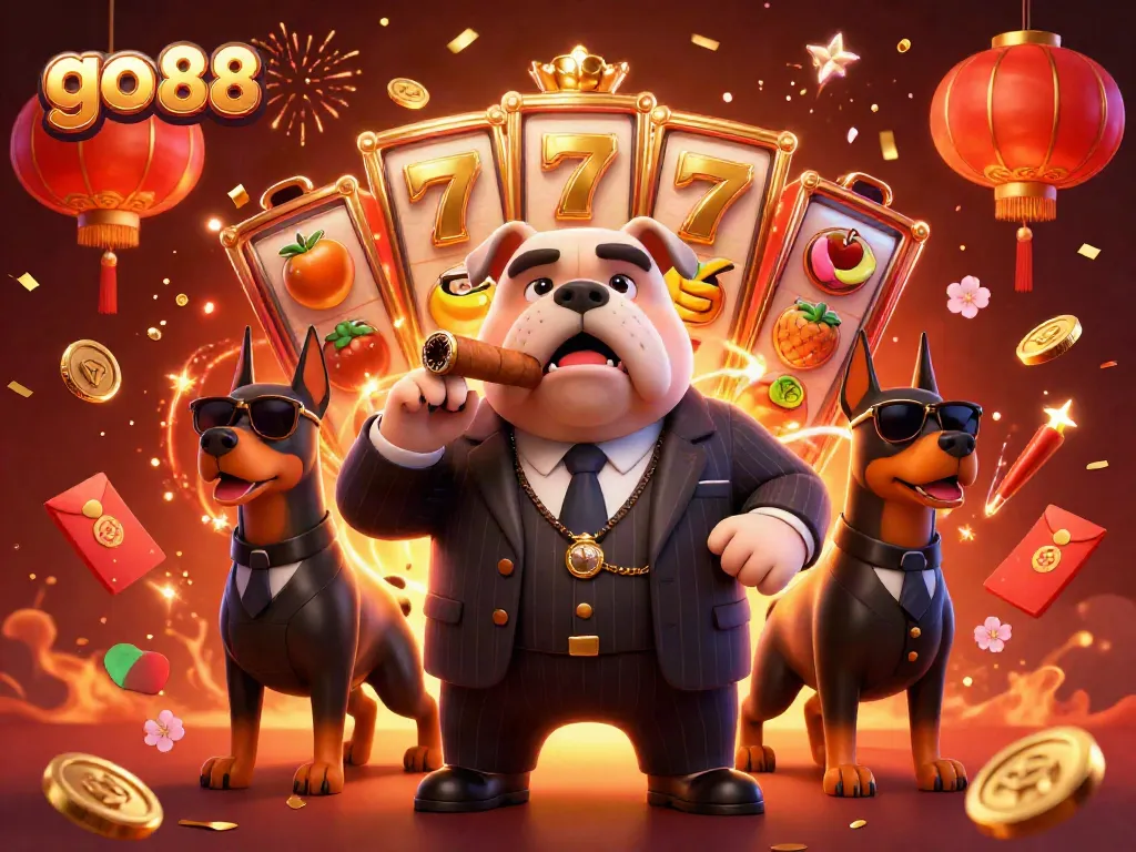 Experience the thrill of go 88 with dynamic gaming visuals featuring a mafia boss and Doberman bodyguards.