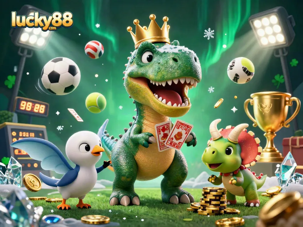 Engage with lucky88 com's dynamic sports betting scene featuring a charming dinosaur card player.