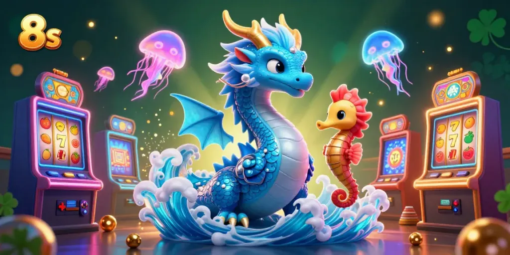 Spin to win with vibrant 8s slot machines, featuring mystical sea characters in a lively casino scene.