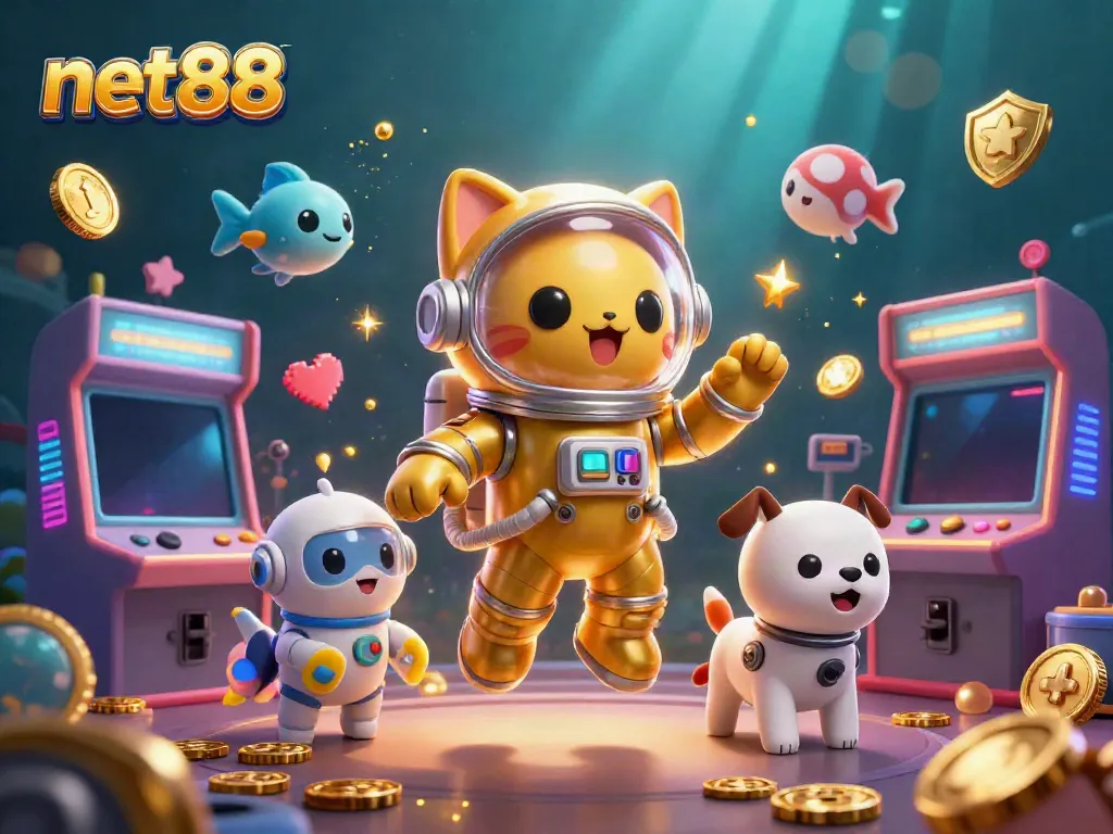 Bet on net88's casino games with a vibrant cosmic illustration of an astronaut cat and a robot dog.