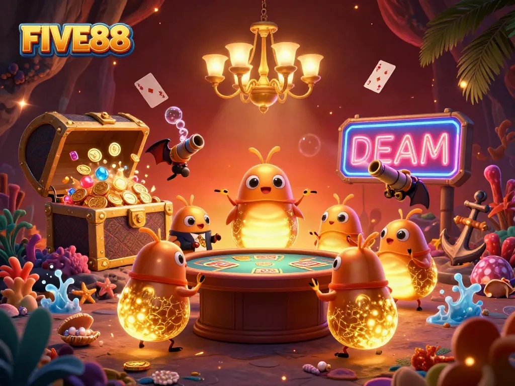 Experience the excitement of FIVE88 in this vibrant 3D casino illustration, featuring whimsical glowworms and a bat dealer.