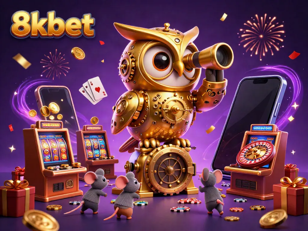 Win big with 8xbet in this vibrant casino illustration featuring golden owl and lively mice!