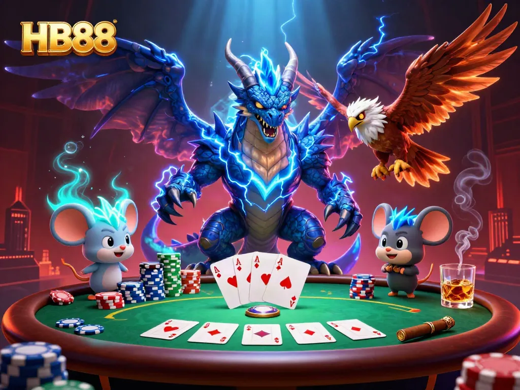 Experience thrilling poker action with HB88's vibrant 3D casino visuals featuring dynamic characters.